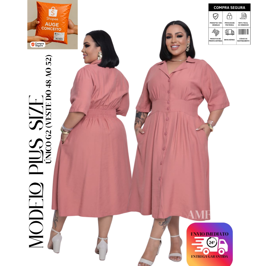 Vestido Chemise Plus Feminino Glamoroso Ideal Para Toda Mulher Tendência 2026 em Oferta na Shopee