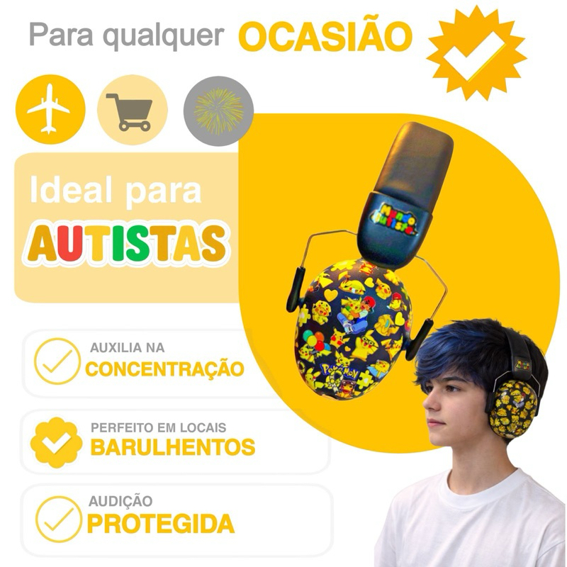 Abafador 32 db Autismo Infantil Fone Protetor de Som Ouvido AuricularPokemon  Ruido Super Confortavel Tdah Tea Autista