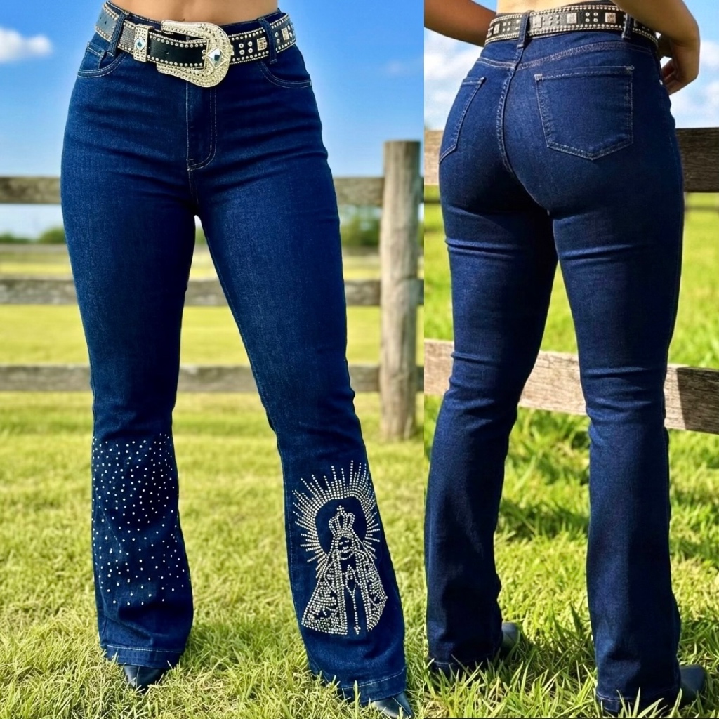 Calça Flare Jeans Escura Feminina Nossa Senhora Aparecida Padroeira Country Rodeio com Pedrarias em Oferta na Shopee