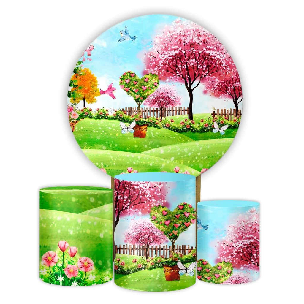 Kit Painel Capas Cilindros Tema Jardim Encantado Sublimação Premium e Qualidade - Sistema Veste Fácil Cores vivas Festa