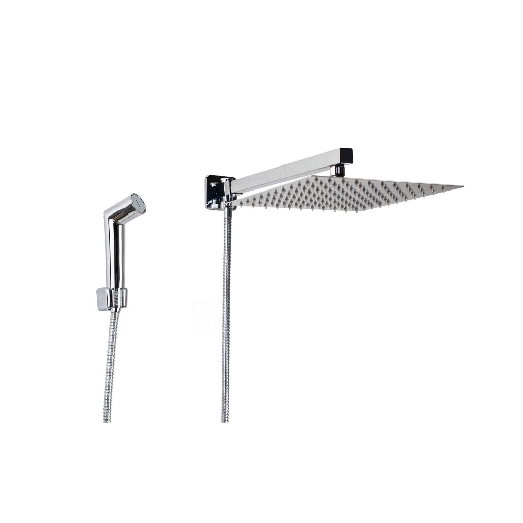 Ducha Inox Quadrada Cromado 25 cm com Ducha Manual em ABS Redonda com Trava