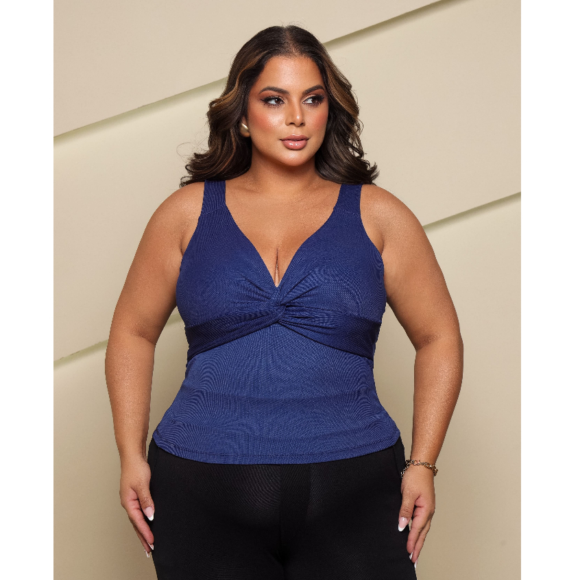 Blusa Regata Feminina Plus Size Detalhe Torcido Ribana Canelado Versátil e Confortável Moda Verão