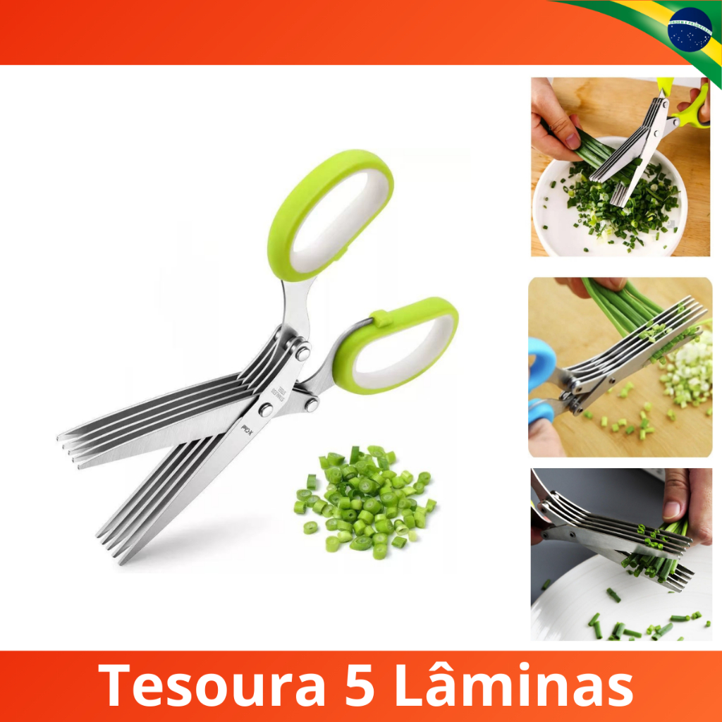 Tesoura de Cozinha Picotar Alimentos Tempero Cebolinha Coentro Aço Inox 5 Lâminas Cor Sort...