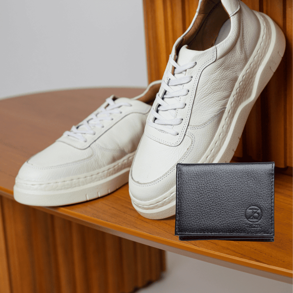 Tênis Casual Masculino Social Em Couro Legítimo Confortável Solado Leve Costurado Adulto + Carteira