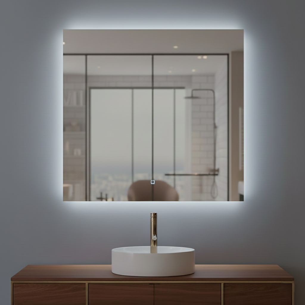 Espelho Quadrado Lapidado 60x60cm LED Touch 3 Cores com Fonte Decorativo
