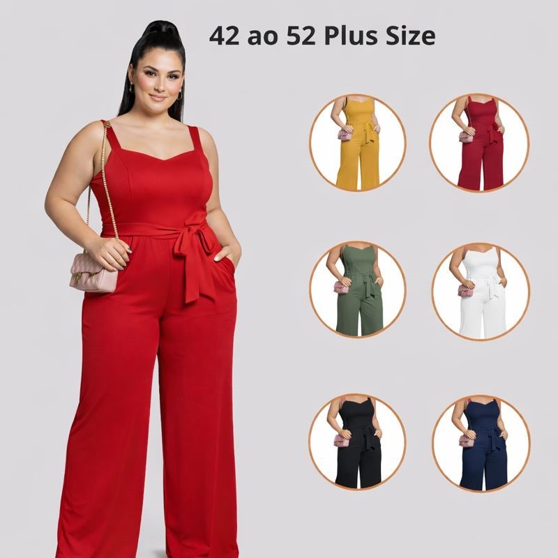 Macacão Longo Plus Size Feminino Soltinho Laço com Botões Macaquinho Verão Tendência Blogueira Moda Gringa