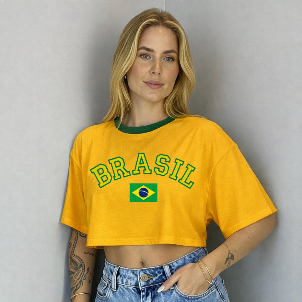 Cropped Oversized Brasil Bandeira Feminino Copa do Mundo Estampa Bandeira 100% Algodão ENV...