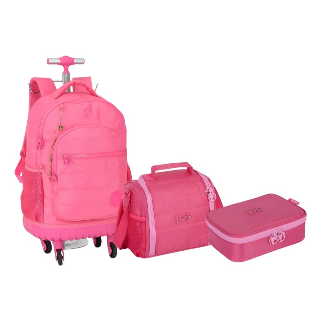Kit Mochila Feminina Juvenil Rodinhas Alça Notebook G Barbie Rosa Barbie