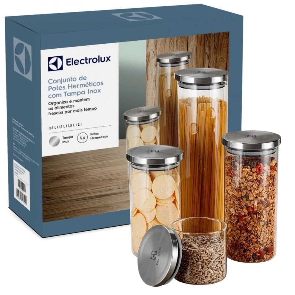 Potes Herméticos Electrolux de Vidro Porta-Mantimentos com Tampa Inox 4 Unidades