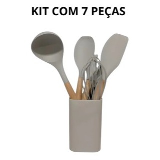 Kit Utensílios De Cozinha 7 Peças Silicone Cabo Bambu Quality House Preto