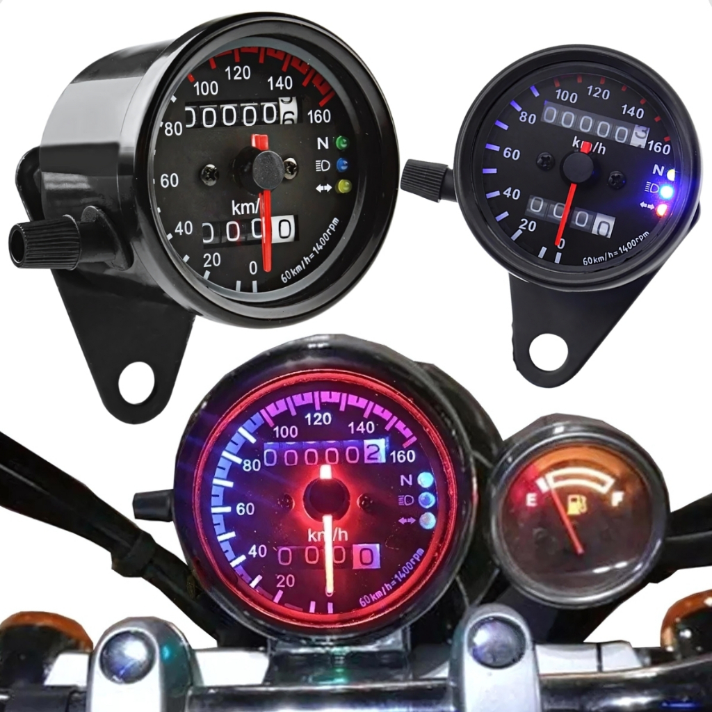 Velocímetro Analógico Moto Custom Universal Com Iluminação Led Painel Redondo