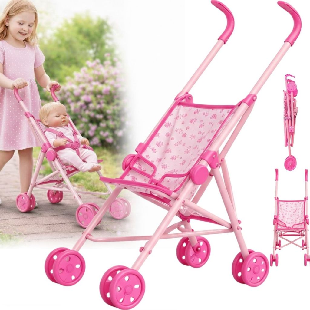 Carrinho De Boneca Dobrável Bebe Reborn Com Cinto Brinquedo Infantil Passeio Grande Rosa
