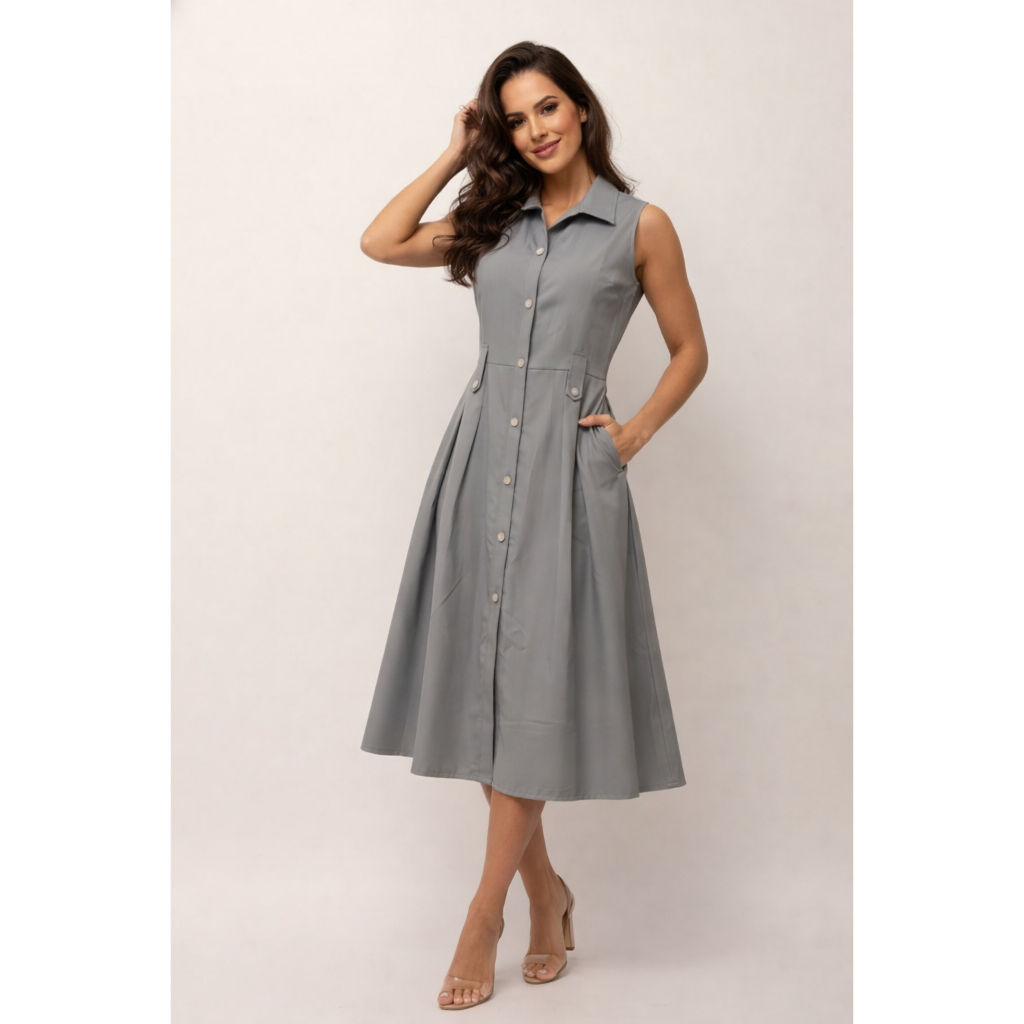 Vestido feminino midi ajuste solto Tecido Luis Twill elegante Botões na frente com bolso em Oferta na Shopee