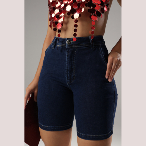 Shorts Feminino Jeans Com  pedal Lycra Elastano Cintura Alta MEIA COXA