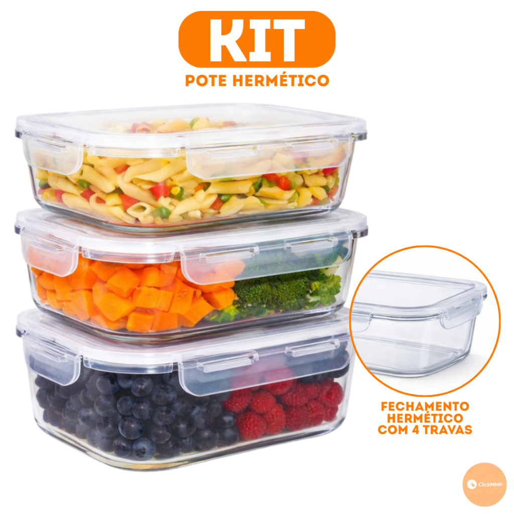 Potes de Vidro 320/370/520/640/800/1040/1500ML Herméticos Vidro 4 Travas