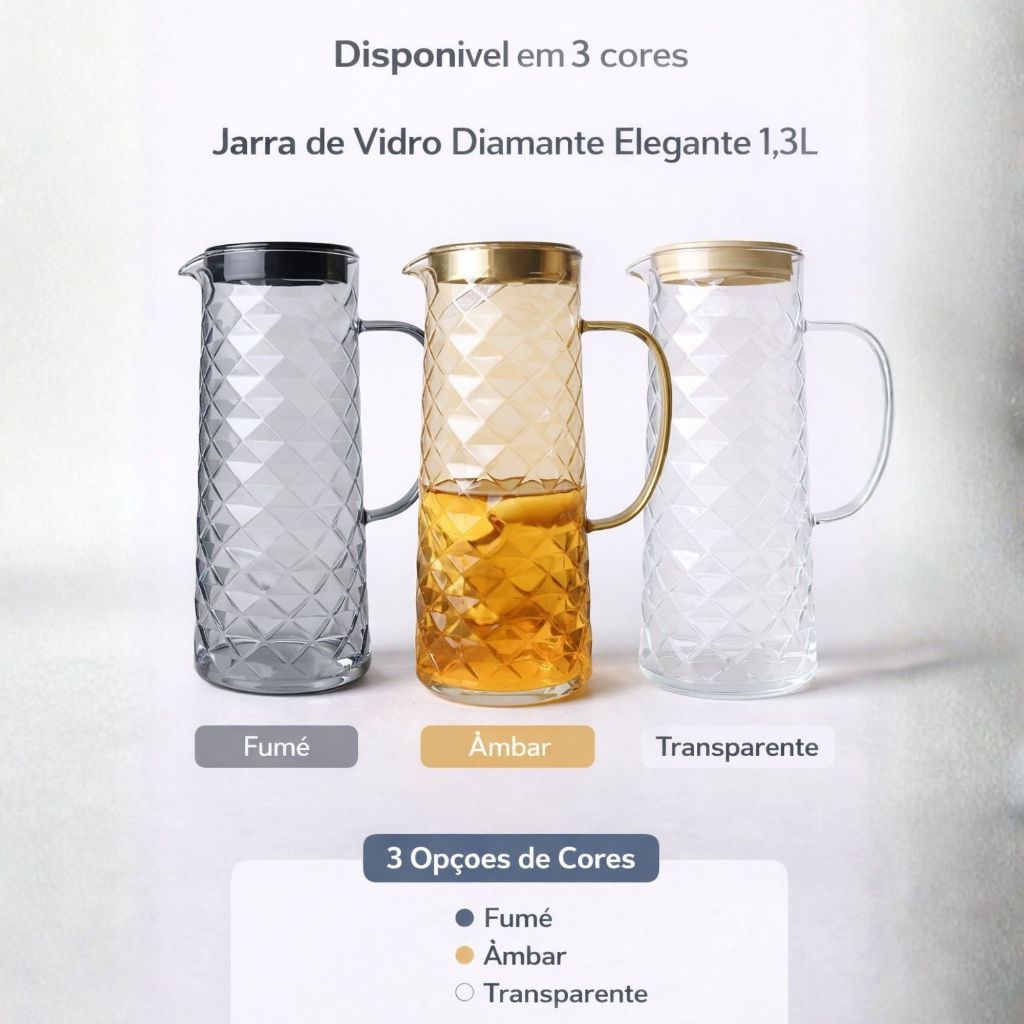 Jarra de Vidro Diamante Elegante 1,3L Tampa Inox Com Alça - Para Água Chá Suco