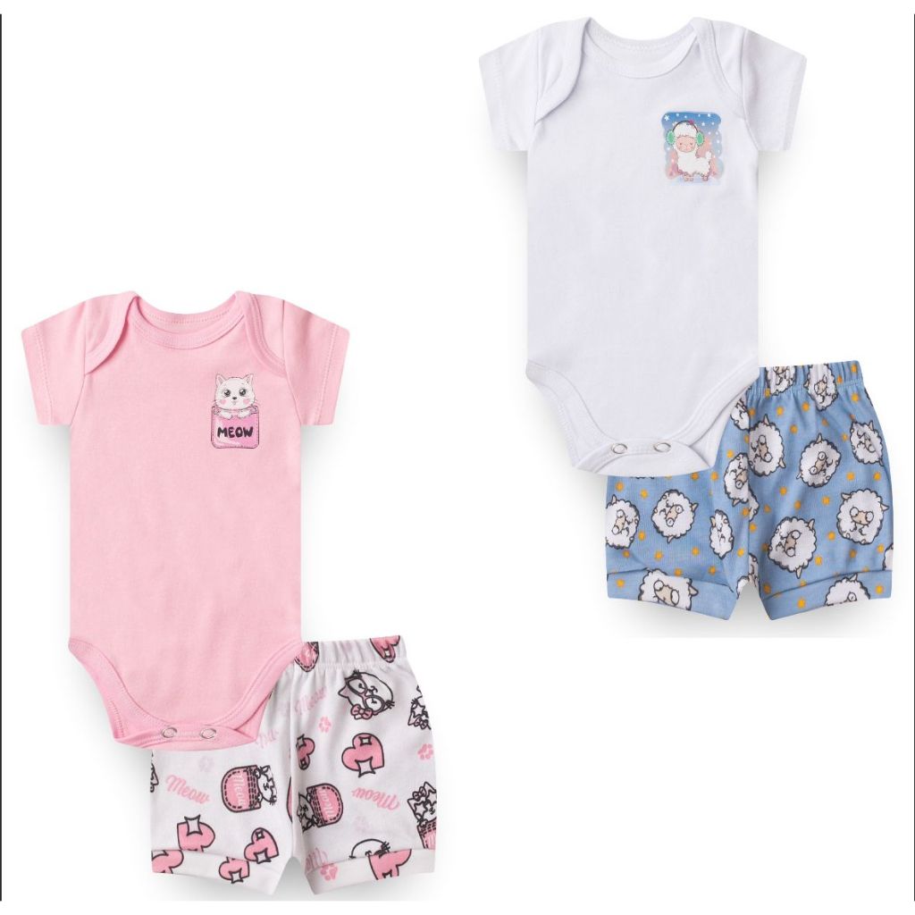 kit 2 conjuntos Menina bebe body manga curta e shorts roupa de bebê