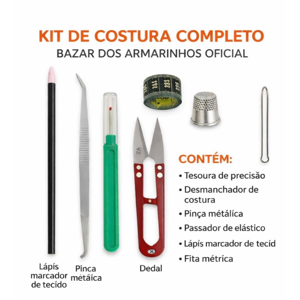 Kit de Costura CompletoTesoura, Pinça, Passador Elástico, Abridor Casa, Lápis Costura, Fita Métrica e Dedal - 7 itens