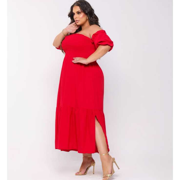 Vestido Vermelho Manga Ciganinha Longo Plus Size Moda Maior Evangelico Tendencia Verão Midi  Lastec Soltinho Feminino