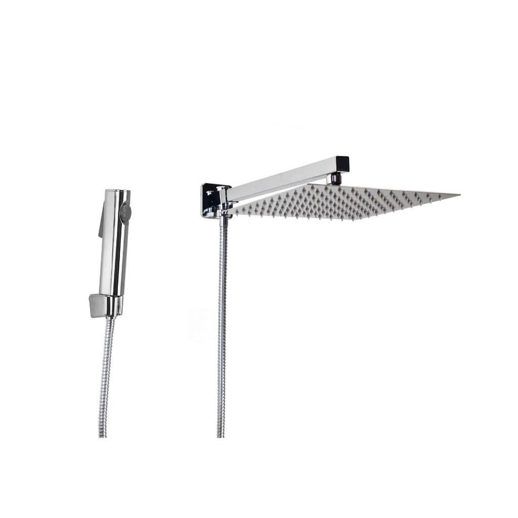 Ducha Chuveiro Quadrado 25 cm em Inox 304 com Desviador Stop Total com Chuveirinho Manual em ABS Cromado