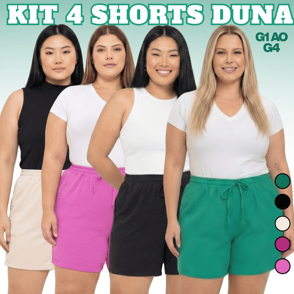 Kit 4 Shorts Feminino Bermuda Feminina Plus Size Soltinho Leve Saída Praia G1 G2 G3 G4 Cintura Verão em Oferta na Shopee