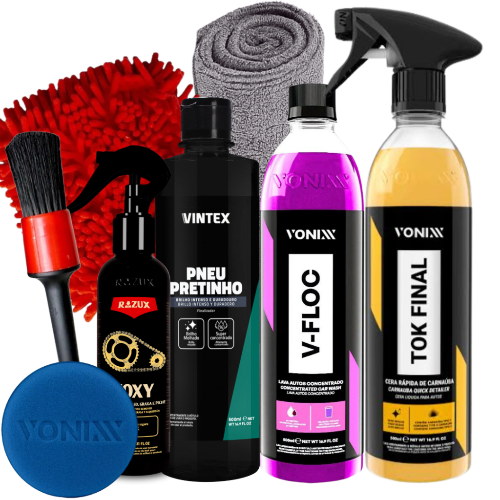Kit Produto para Lavar Moto Cera Shampoo Desengraxante Pretinho Limpador de Corrente Vonixx Líder