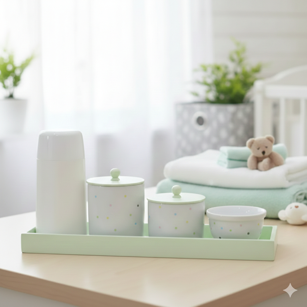 Kit Higiene Porcelana Poa Colorido Unissex Bandeja Verde Quarto Maternidade Pote Algodão Cotonete K076