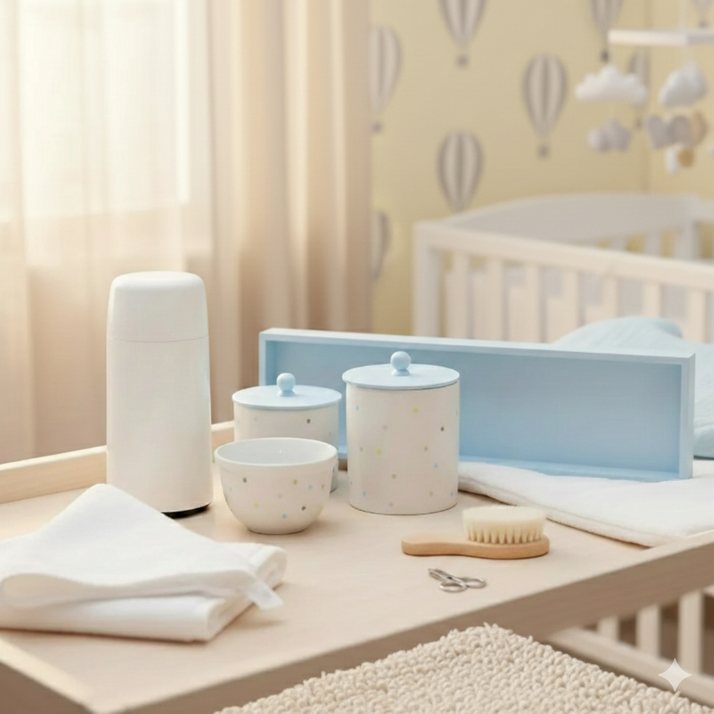 Kit Higiene Porcelana Bebê Poa Colorido Azul Meninos Quarto Decoração Maternidade Pote Algodão Cotonete K076
