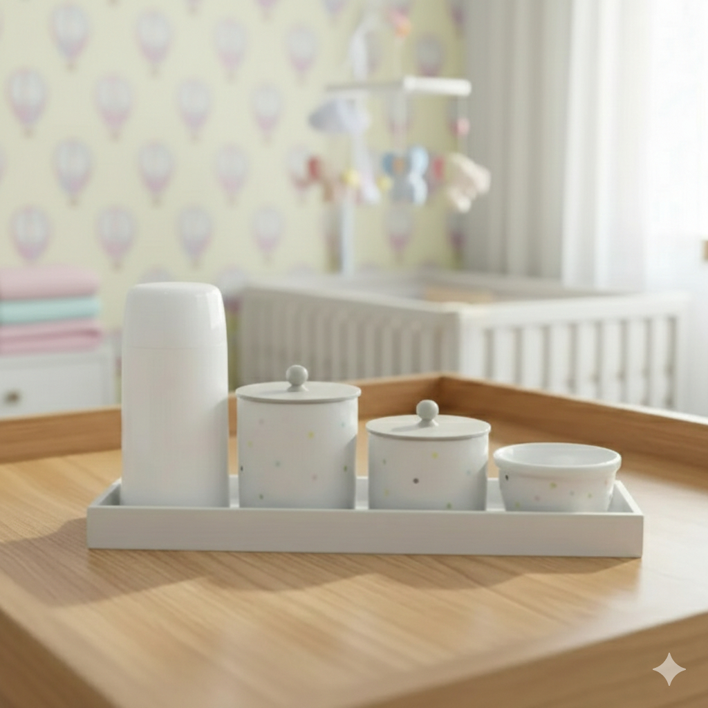 Kit Higiene Porcelana Bebê Maternidade Poa Colorido K076 Unissex Quarto Pote Algodão Pote Cotonete