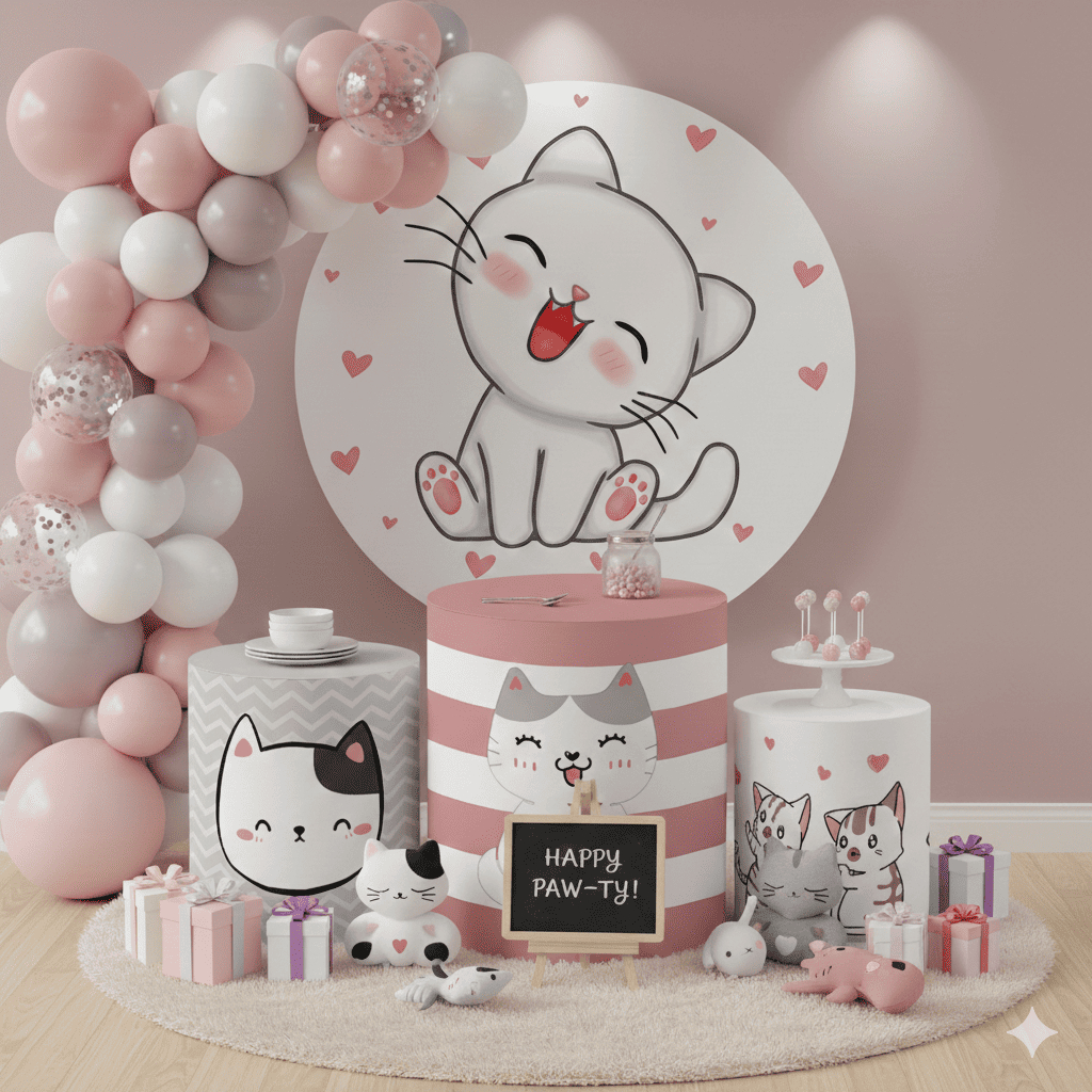 Decoração Capa Painel Redondo e Capas Cilindros Gatinho Fofo Cute Meninas \Infantil Promoção Oferta
