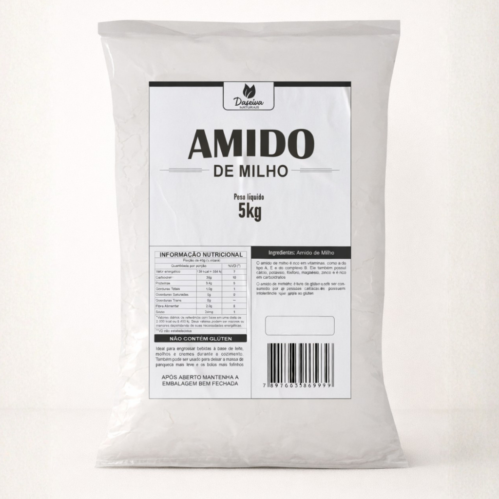 Amido de Milho 5kg Puro Naturalmente Sem Glúten Ideal para Cozinhas e Confeitarias