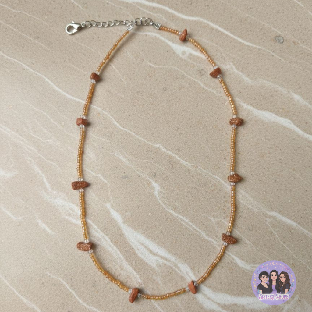Colar com Pedrinhas e Miçangas estilo Pedra do Sol Goldstone Colar Com Pedras Naturais Colar Com Pedra Marrom