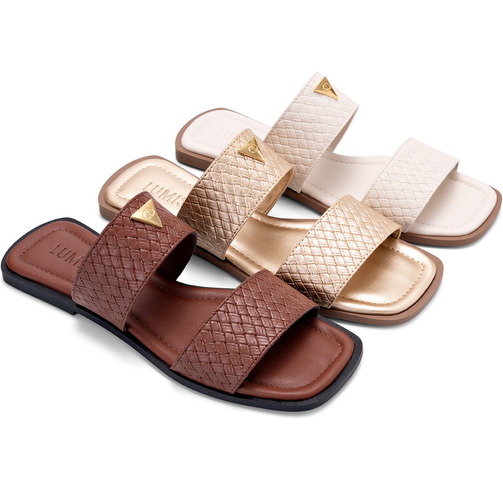 Sandáia Rasteira Feminina Lumiss Tressê Confortável Enfeite Metalizado Bico Quadrado em Oferta na Shopee