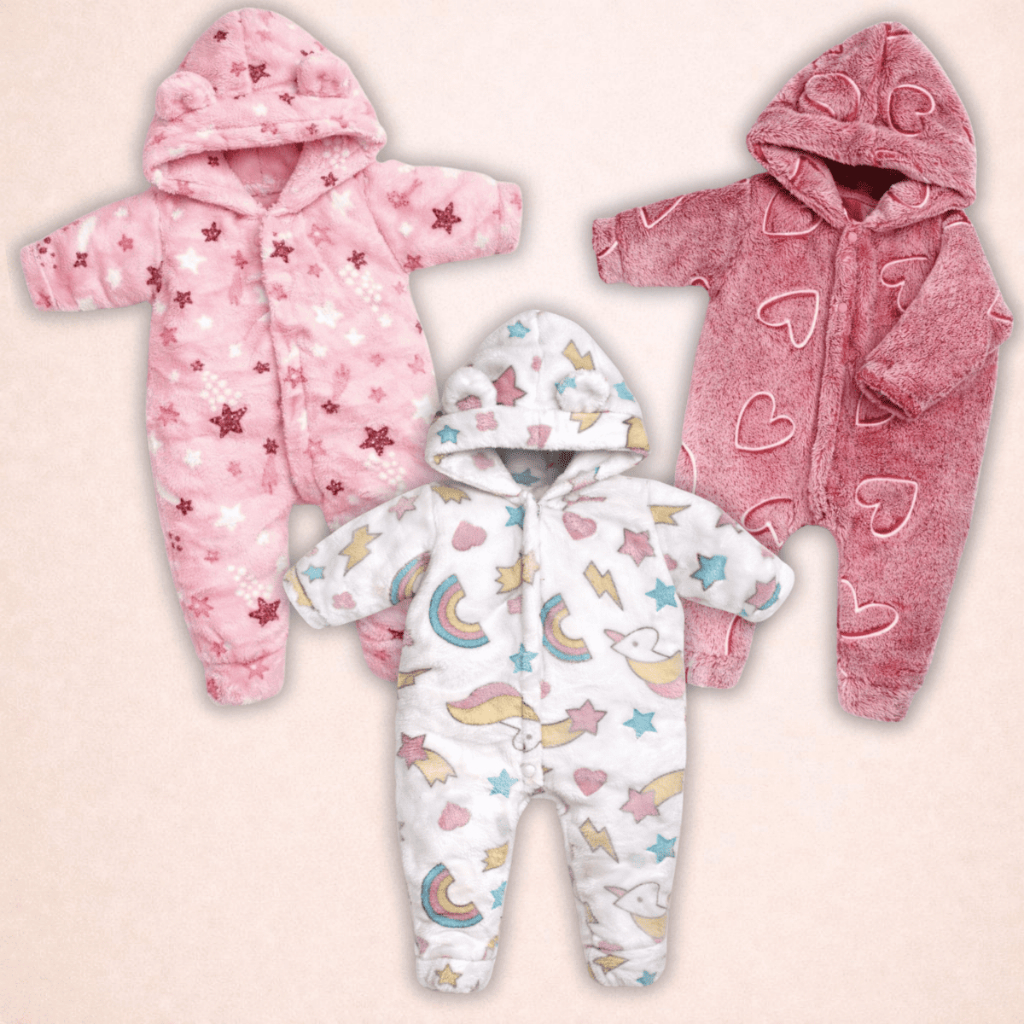 Kit 3 Peças Macacão Bebe Inverno Microfibra Com Capuz Menina