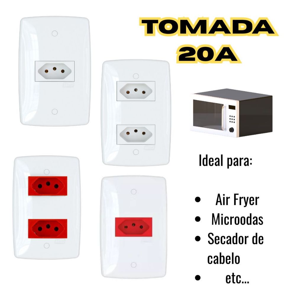 Tomada 20a 4x2 Branca Alta Potencia Ideal Para Microondas Air Fryer Secador de Cabelo Etc Linha Finesse Blux
