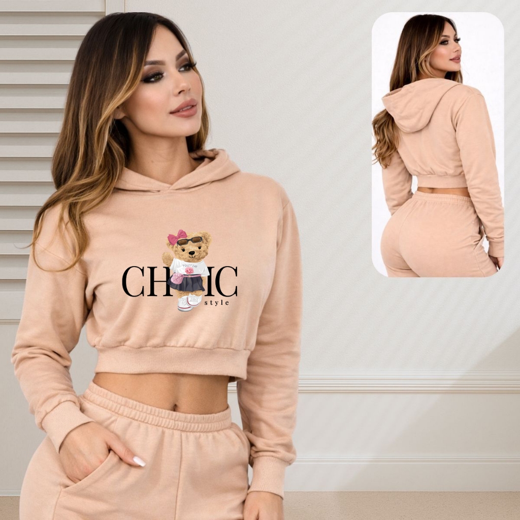 Blusa de Frio Cropped Feminina Moletom com Capuz Ursinha Chic em Oferta na Shopee