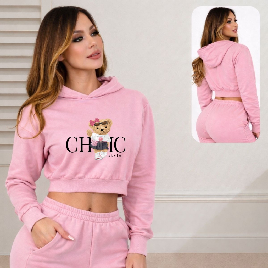 Blusa Feminina Cropped Moletom com Capuz Inverno Ursinha Chic em Oferta na Shopee