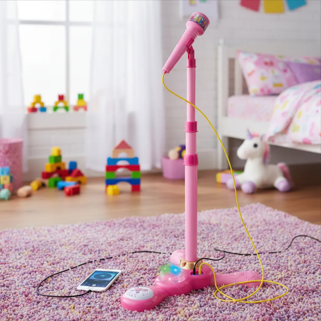 Microfone Infantil Rosa com Pedestal, Luz Colorida, Som e Alto Falante para Crianças em Oferta na Shopee