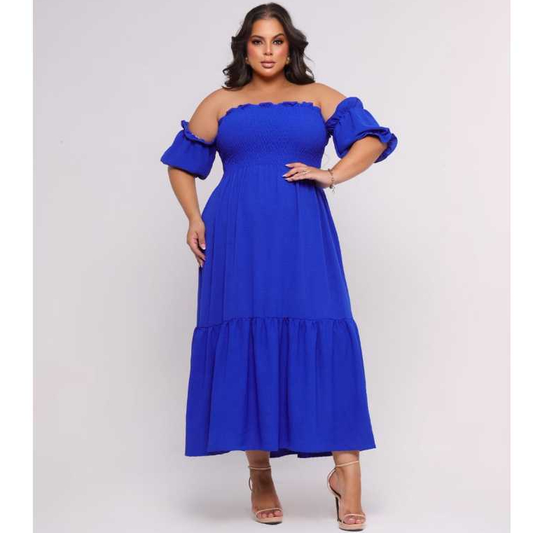 Vestido Plus Size Azul Tendencia Longo Verão Moda Maior Manga Ciganinha Soltinho Elegante Confortavel Midi Lastec Festa
