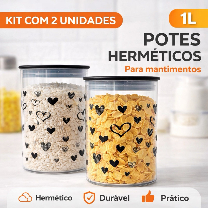 Kit 2 Potes Herméticos 1L Acrílico Decorados para Mantimentos | Vedação Total em Oferta na Shopee