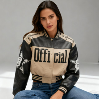 Jaqueta Blusa de Frio Feminina Bomber Cropped Estilo College Oficial Fashion de couro com gola de moletom cinturada