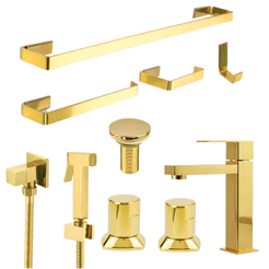 kit Acessórios Banheiro Dourado + Torneira Baixa + Ducha Higiênica + 2 Acabamento Padrão Deca