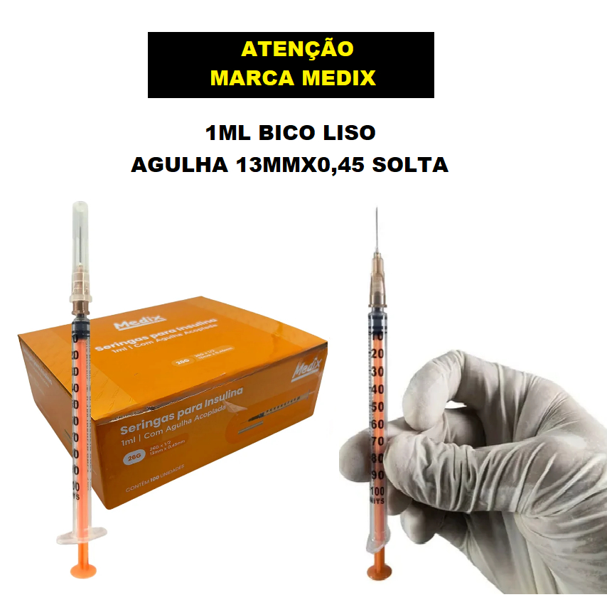 Seringa Insulina / Estética 1,0ml Ag Acoplada (solta) Biso liso (Luer Slip) 26g 13mmx45mm 100 und MEDIX