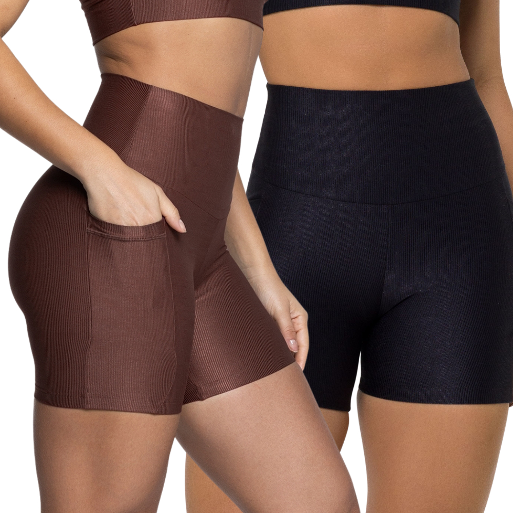 Short Fitness Feminino Canelado Cós Alto com Bolso Lateral (Não Transparente) Academia Corrida