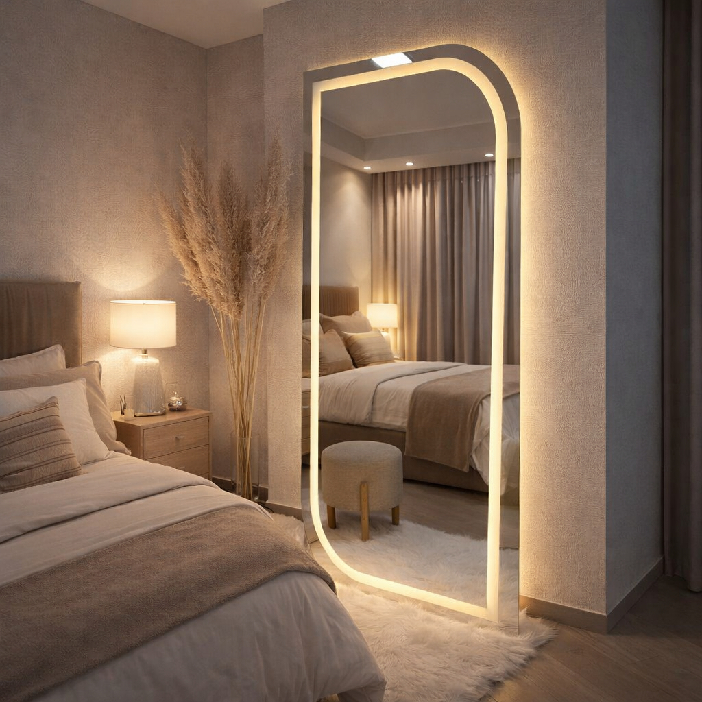 Espelho Orgânico EL24 Corpo Inteiro 170cm x 70cm Polido LED Jateado Luz Branca e Luz Amarela Sala Quarto Banheiro