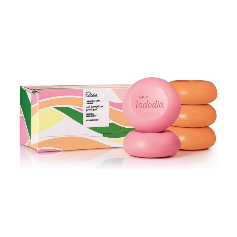 Caixa com 5 Sabonetes Sortidos Natura Tododia Manga Rosa e Água de Coco e Acerola e Hibisco