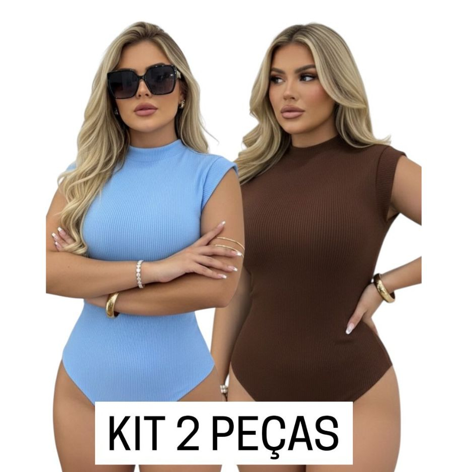 Kit 2 Body Feminino Canelado Gola Alta Moda Gringa Tecido Anarruga Cacharrel Verão Confortável bori