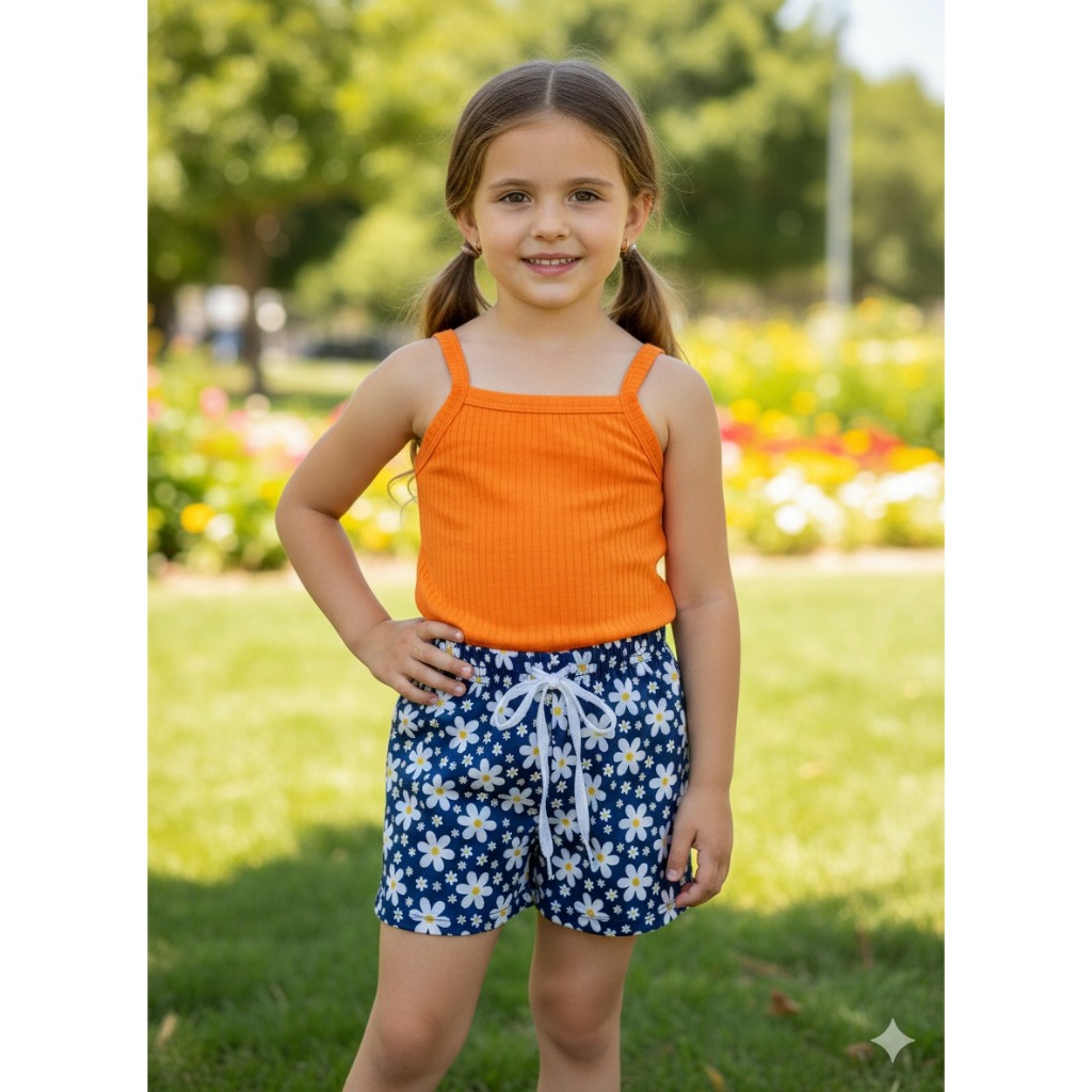 Conjunto Infantil Menina Blusa Cropped de Alcinha Canelada com Shorts Estampado Flores