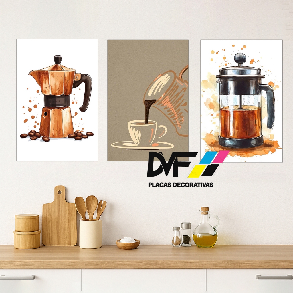 Quadros para decoração cozinha rustica tons marrom - cantinho café cafeteira grão de café - kit 3 placas MDF 20x30cm