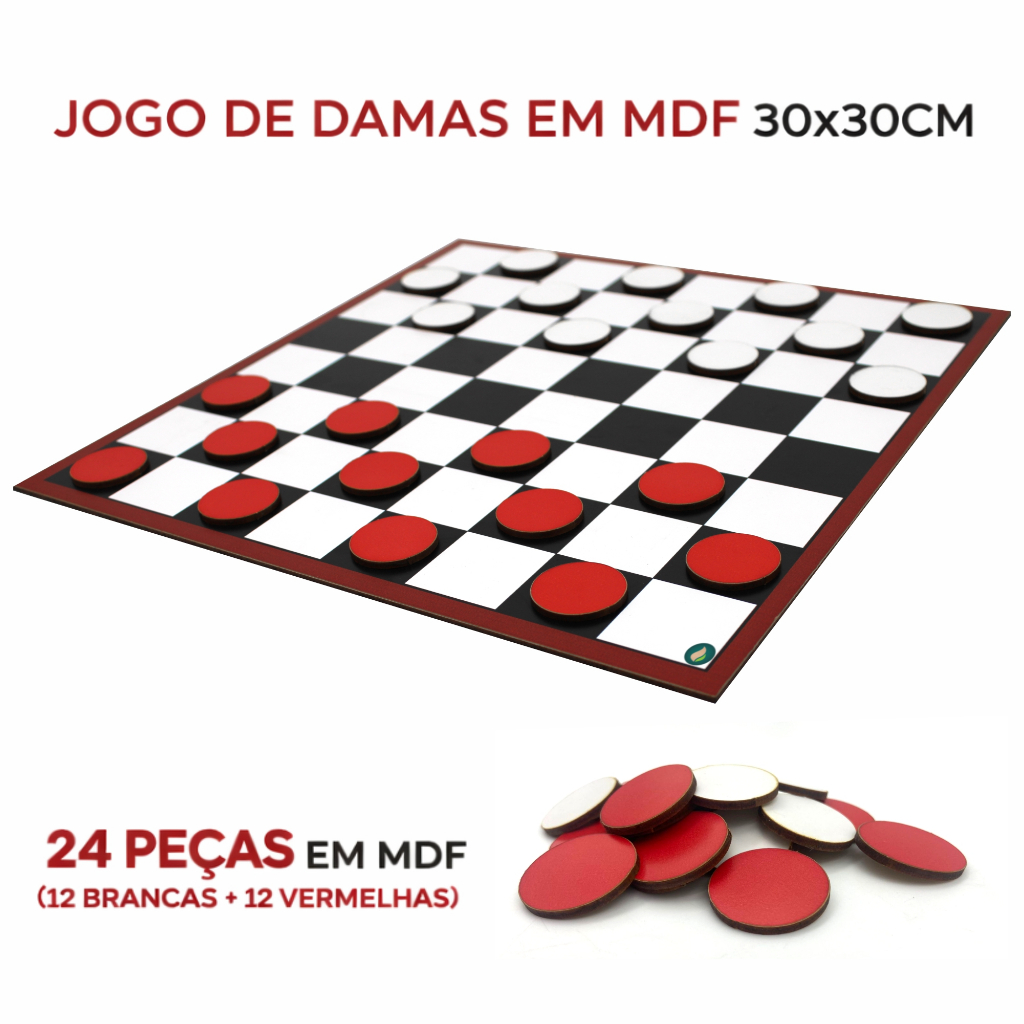 Jogo de Dama - 1 Tabuleiro Básico de Madeira 30x30 - Piões em MDF vermelhas e brancas - Passa tempo — imagem 2 de 2